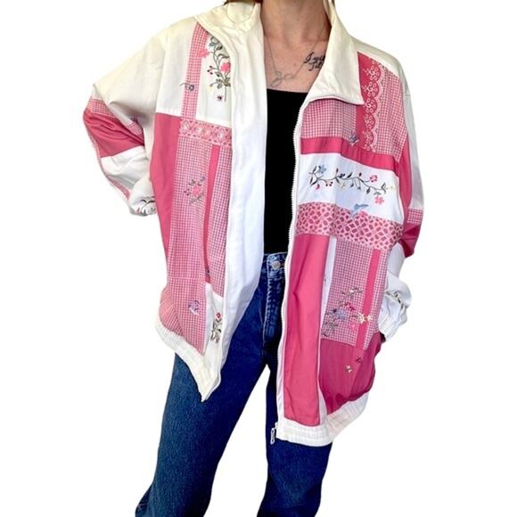 Vintage Koret Francisca Pink Flower Patchwork Zip Up Windbreaker Jacket - Picture 1 of 14